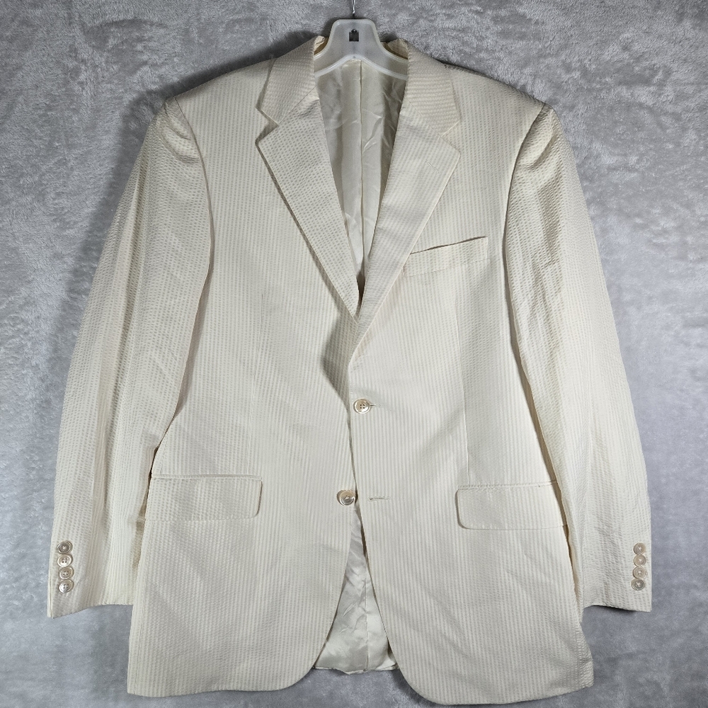 Hickey Freeman Seersucker Blazer Sz 40 Regular Yellow White Check 100% Silk NWOT
